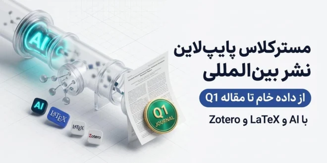 پوستر مسترکلاس پایپ‌لاین نشر بین‌المللی مقالات Q1 با هوش مصنوعی، LaTeX و Zotero دکتر محسن مرادی